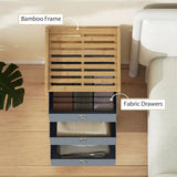 HOMCOM Narrow Chest of Drawers with 3 Fabric Drawers and Bamboo Frame – Slim Bedroom Dresser, Light Grey