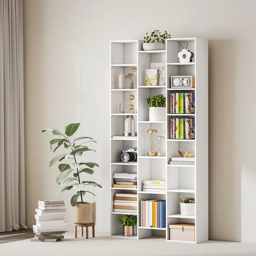 HOMCOM 21-Compartment Bookshelf with Asymmetrical Layout and Anti-Tipping Device – Steel and Board, White
