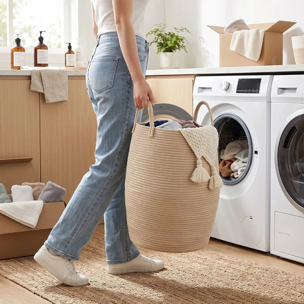 65L Foldable Laundry Basket with Handles – Fabric Washing Hamper & Storage Bin, Modern Minimalist, White