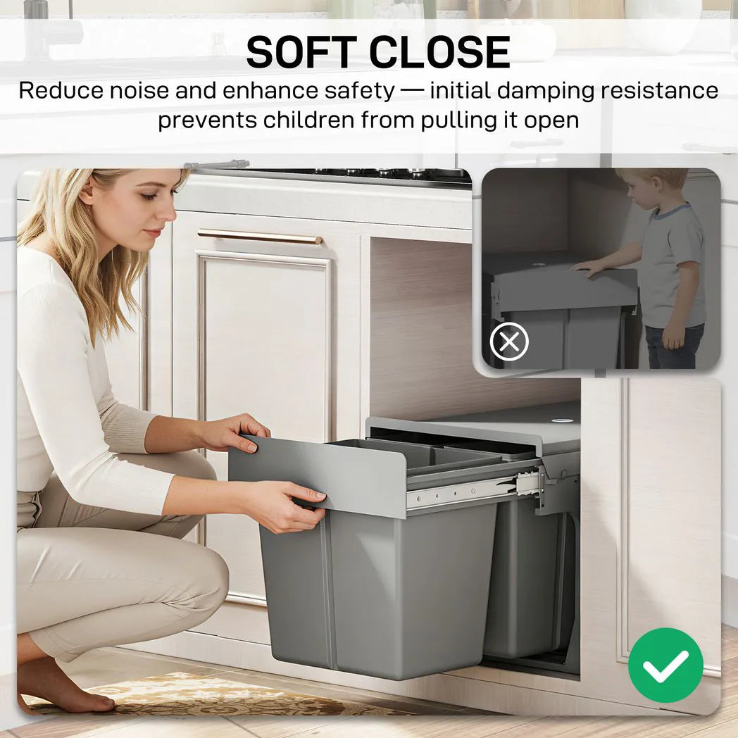 HOMCOM Under Sink Pull Out Bin with 3 Removable Compartments (15L + 2 x 8L) – Soft-Close, Light Grey