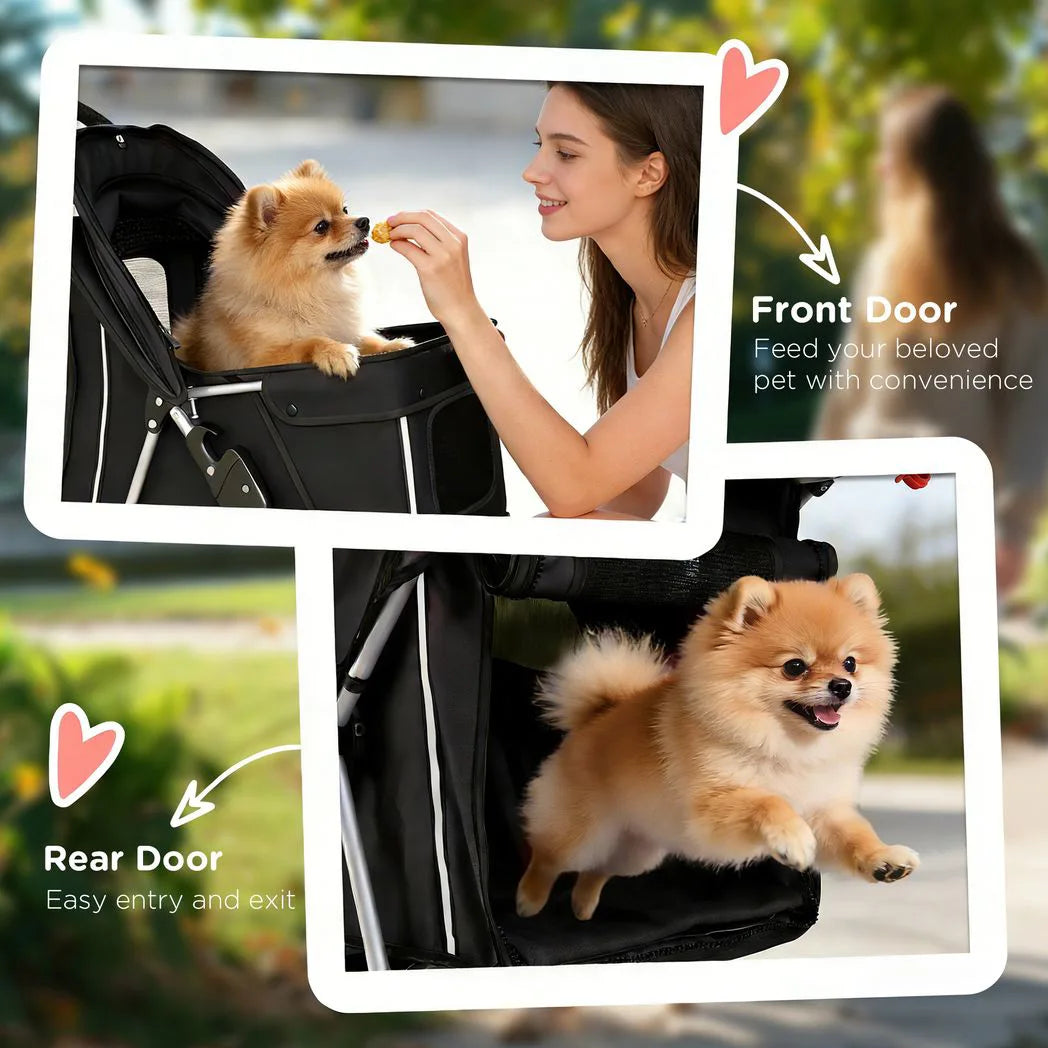 PawHut Foldable Dog Pram with Reflective Strips and 360° Swivel Wheels – Pet and Cat Stroller, Black