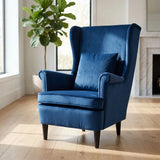 HOMCOM Wingback Accent Chair with High Backrest & Pillow – Velvet-Feel Reading Chair, Solid Wood Legs, Blue