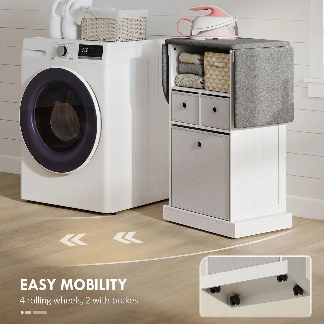 HOMCOM Ironing Board Cabinet on Wheels with Foldable Ironable Top and 3 Drawers – Mobile Laundry Storage, White