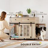 PawHut Dog Crate Furniture on Wheels with Two Drawers – Side Table Kennel for Medium and Large Dogs, Oak