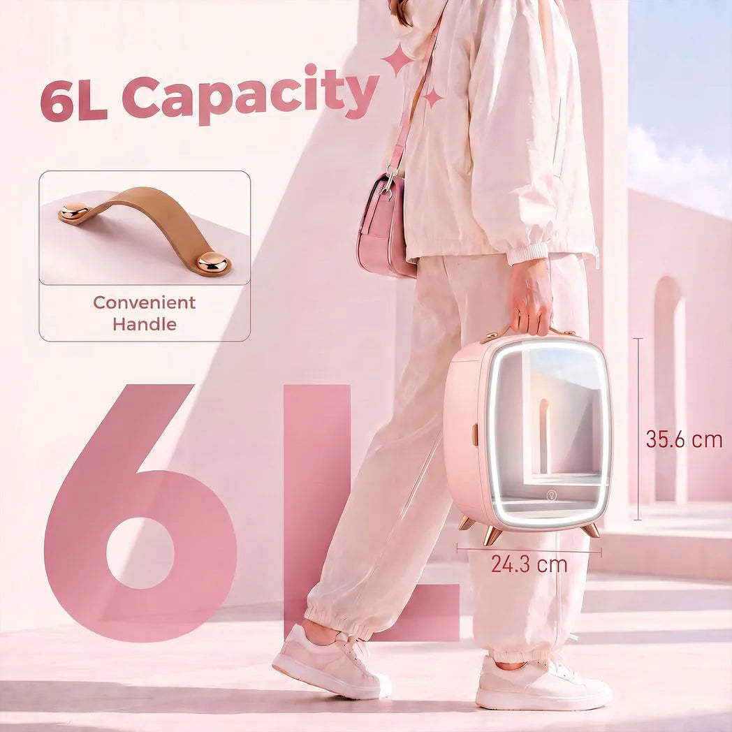 HOMCOM 6L Mini Skincare Fridge with LED Mirror and Touchscreen, Quiet 26dB Cooling – Pink