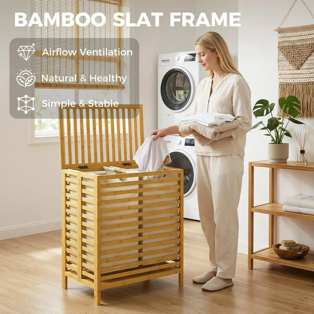 HOMCOM 64L Bamboo Laundry Basket with Lid, 2 Removable Liners – Foldable Hamper, Natural and Cream White