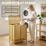 HOMCOM 64L Bamboo Laundry Basket with Lid, 2 Removable Liners – Foldable Hamper, Natural and Cream White