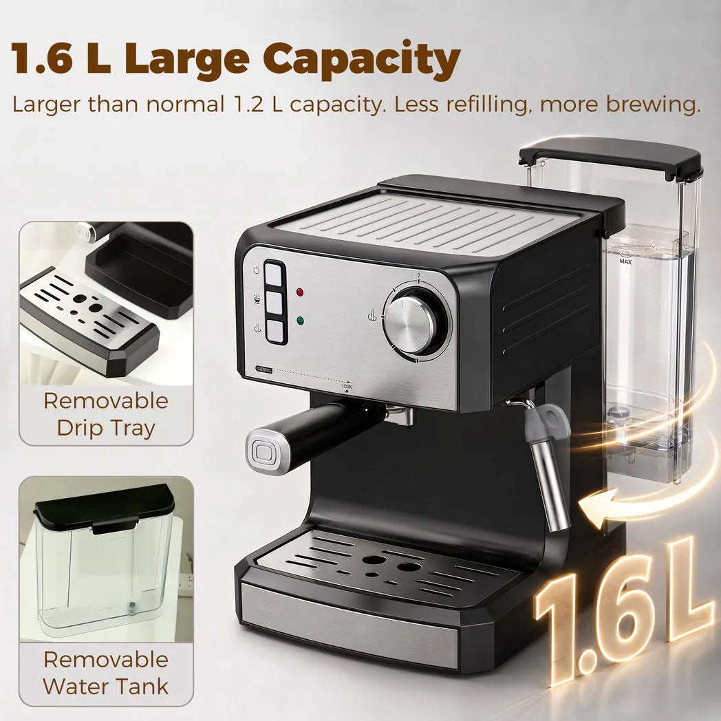 HOMCOM 20-Bar Semi-Automatic Espresso Machine with Frother Wand and 1.6 L Water Tank – Cappuccino Maker, Black
