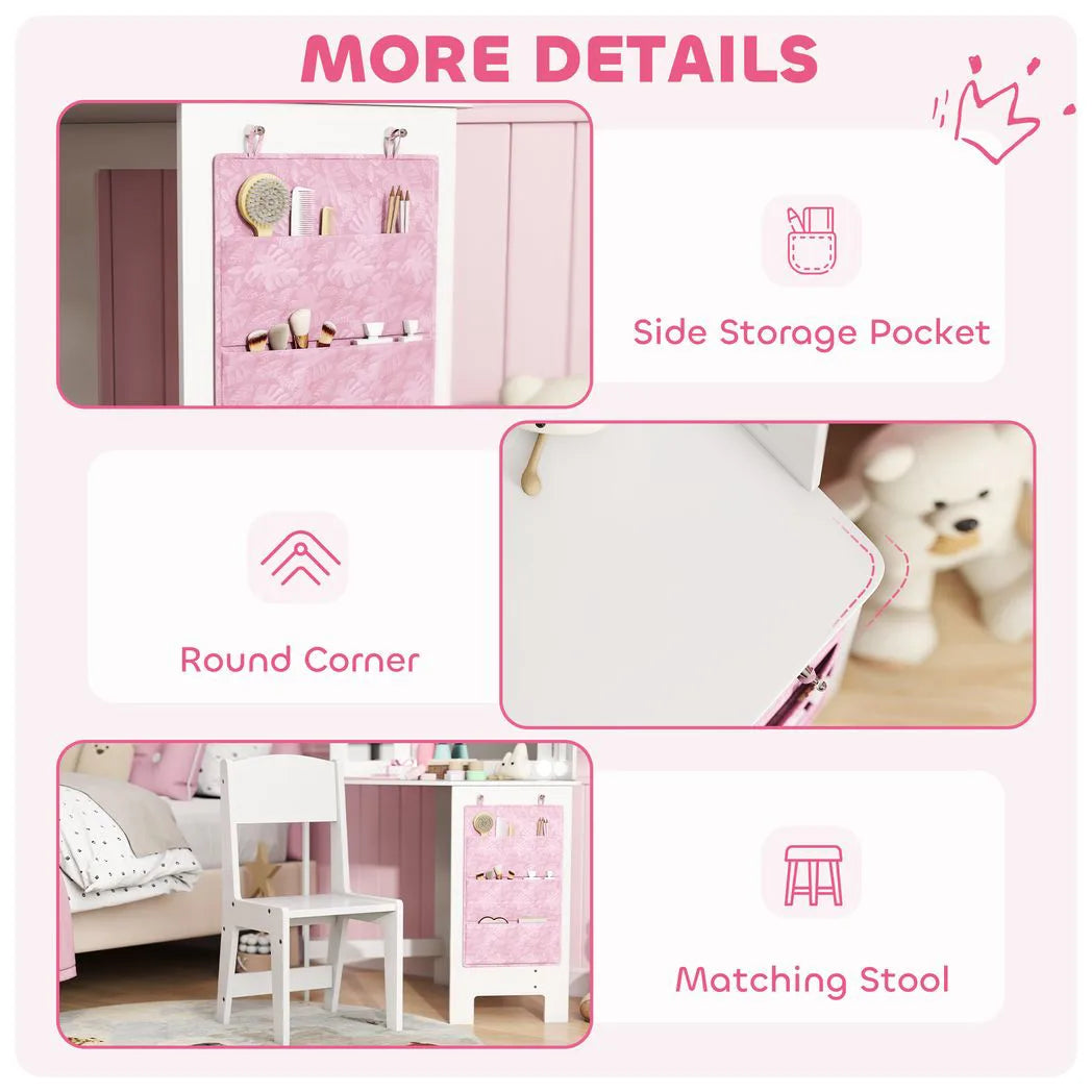 AIYAPLAY Kids Dressing Table and Stool Set with 2-Colour LED Lights, Tri-Folding Mirror and Side Pocket, White