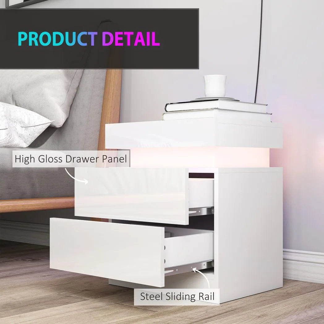 HOMCOM Set of 2 White Bedside Tables with LED Light and 2 Drawers – High Gloss Nightstands for Bedroom