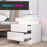HOMCOM Set of 2 White Bedside Tables with LED Light and 2 Drawers – High Gloss Nightstands for Bedroom