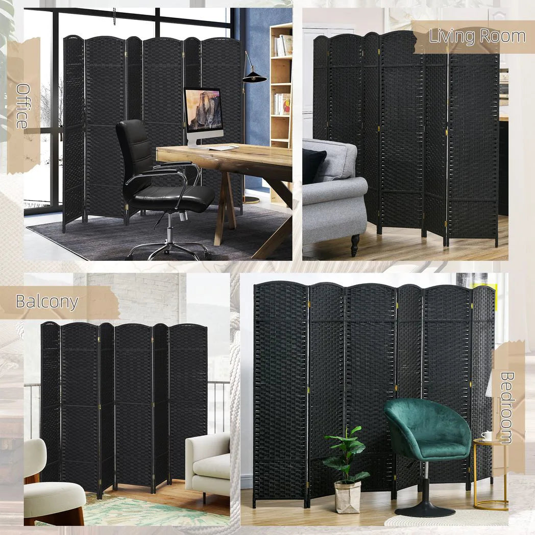 HOMCOM 6 Panel Folding Room Divider – Hand-Woven Style Privacy Screen, 240 x 170cm, Black