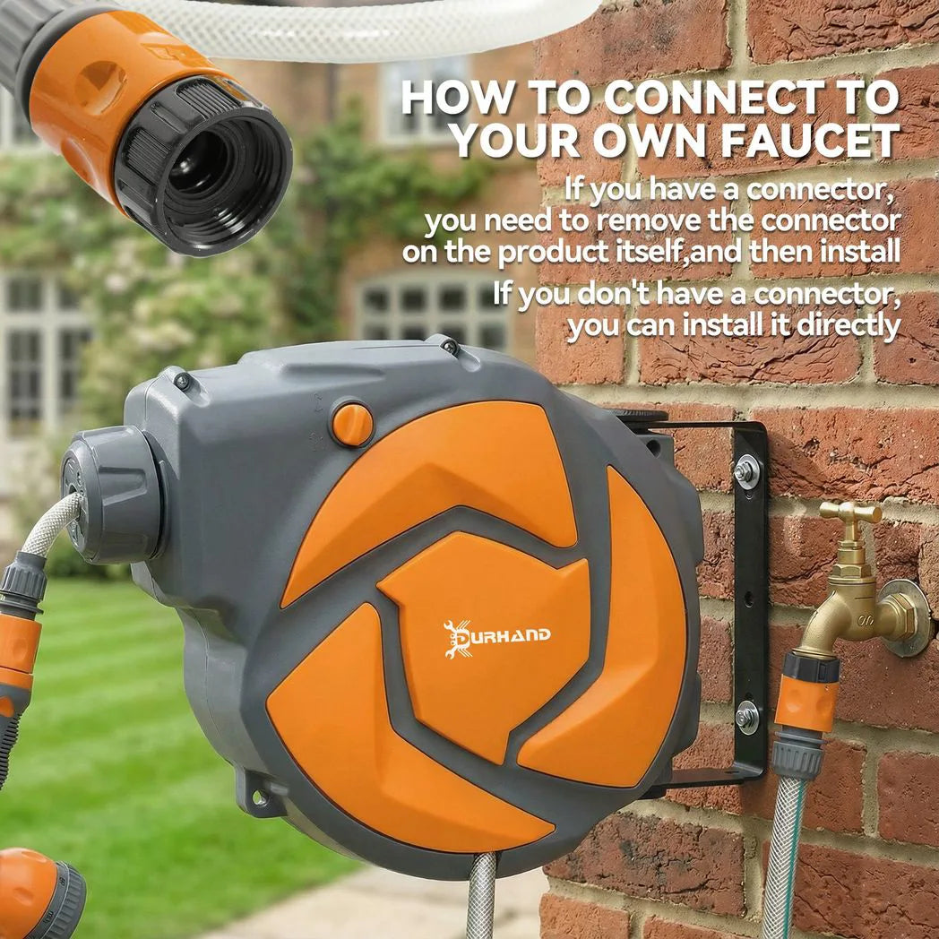 DURHAND 10m Wall-Mounted Auto-Rewind Garden Hose Reel with 7-Pattern Spray Nozzle, Orange