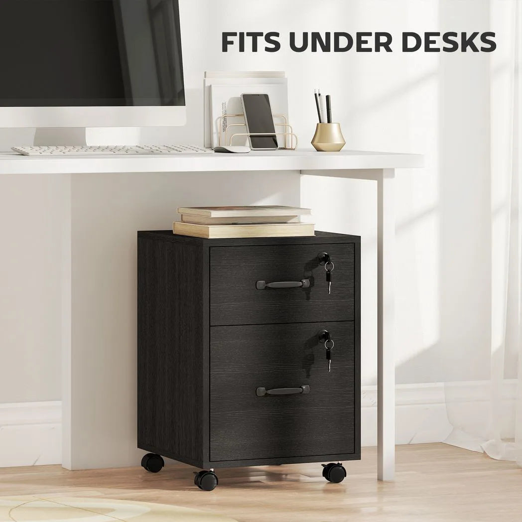 HOMCOM Rolling File Cabinet with 2 Drawers & Lockable Wheels – Under-Desk Mobile Storage, Black
