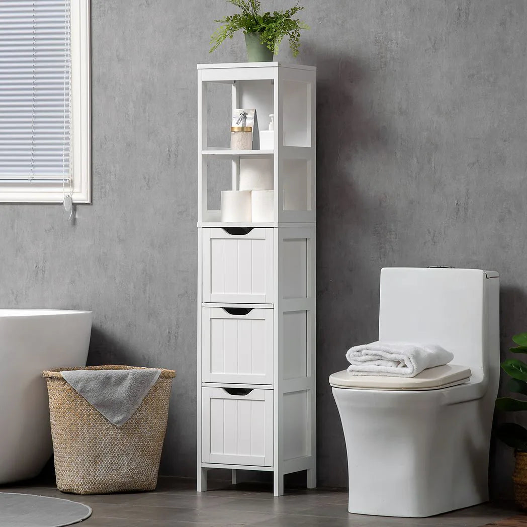 HOMCOM Narrow Floor Bathroom Cabinet with 3 Drawers and 2 Open Shelves – Slim Freestanding Storage, White