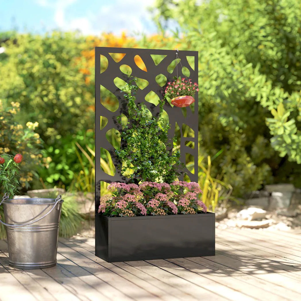 Outsunny Metal Raised Garden Bed with Trellis Privacy Screen, Planter Box for Climbing Plants, 113 x 61 x 23 cm
