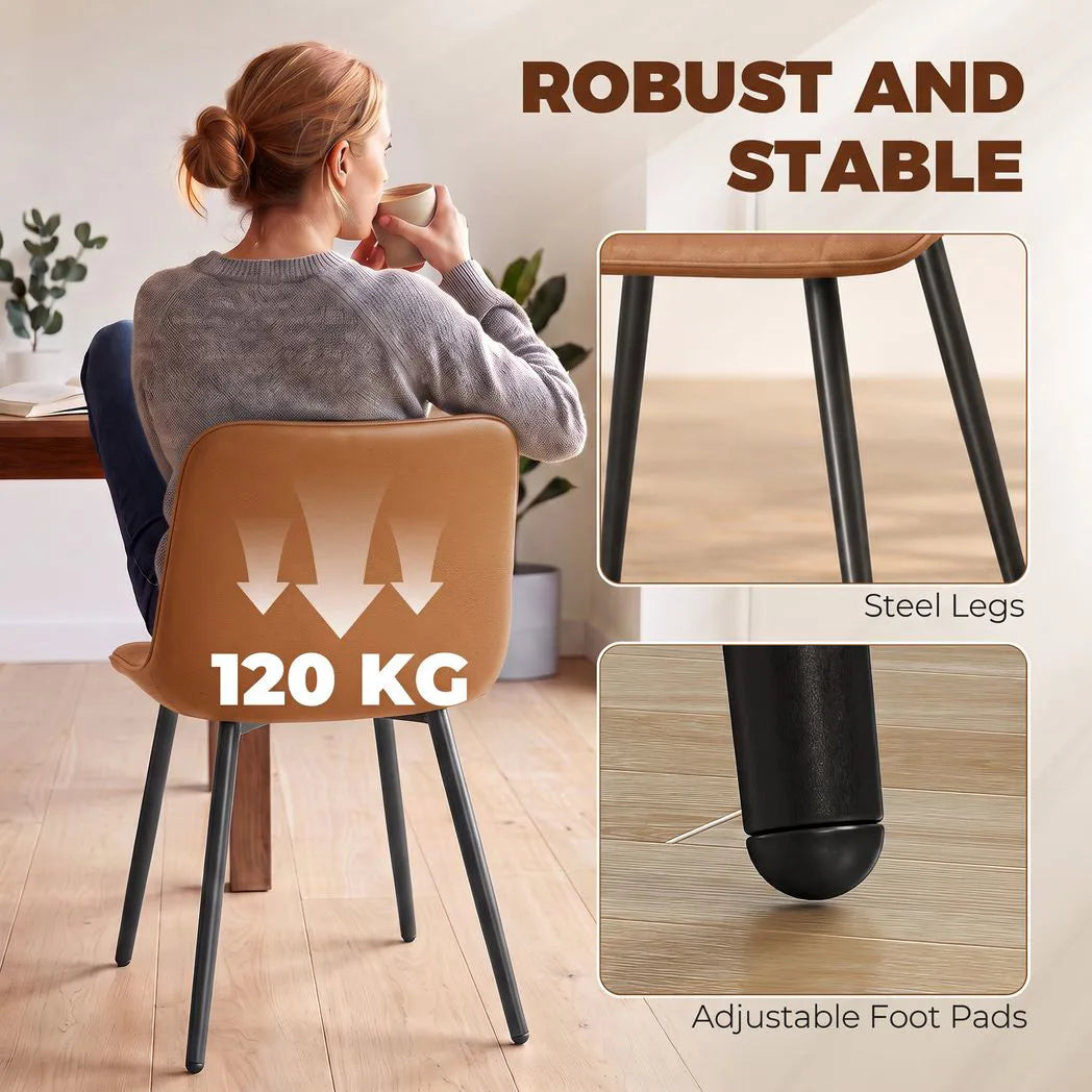 HOMCOM Faux Leather Upholstered Dining Chairs, Set of 2 with Metal Legs – Modern Kitchen Chairs, Brown