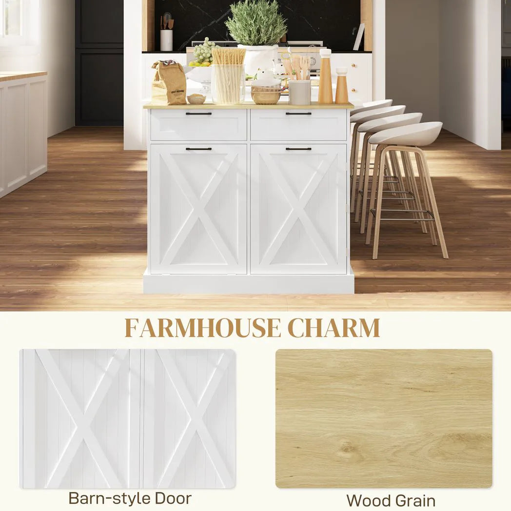 HOMCOM Farmhouse Kitchen Sideboard with Tilt-Out Rubbish Bin, 2 Drawers and Adjustable Shelves, White