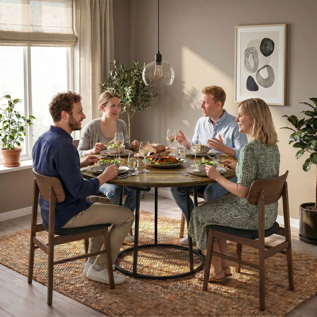HOMCOM 120cm Round Dining Table with Conical Metal Base – Space-Saving Kitchen Table for 4-6, Rustic Brown