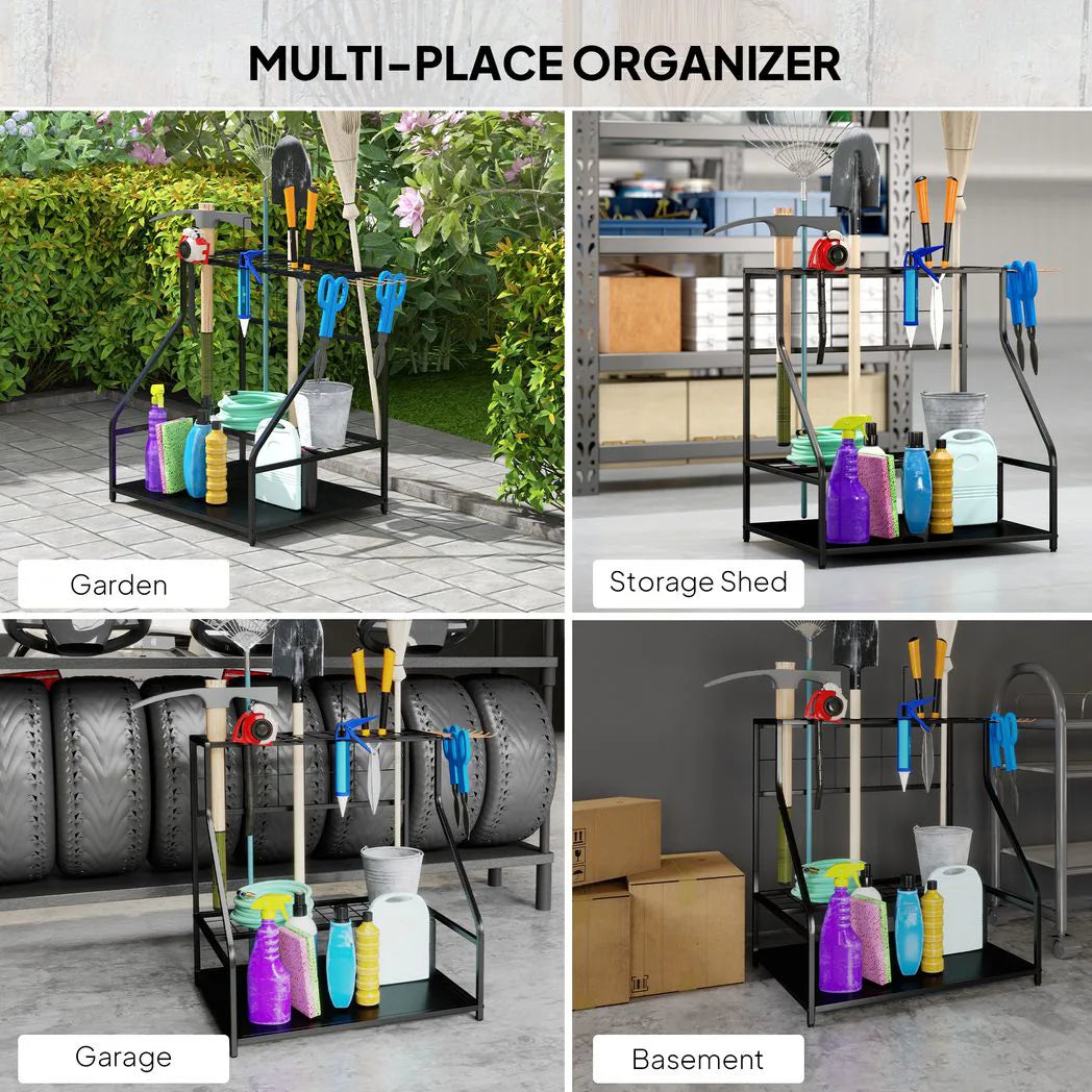Outsunny 3-Tier Garden Tool Storage Rack with 11 Hooks – Holds 20 Long-Handled Tools, Brooms, Shovels & Rakes