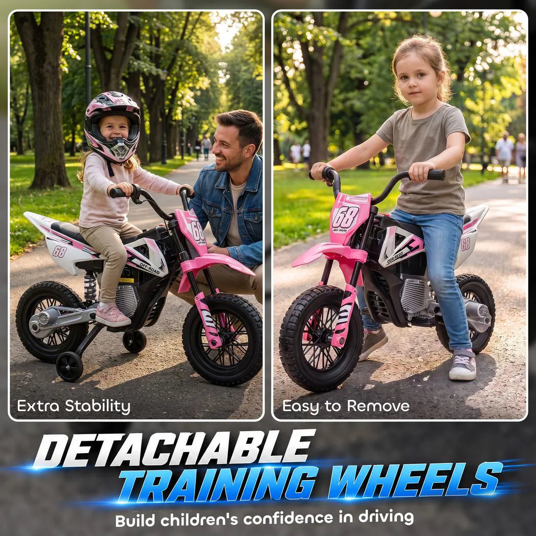 AIYAPLAY Kids 12V Electric Motorcycle with Training Wheels, Soft Start, Rear Suspension & Music – Ages 3-6, Pink