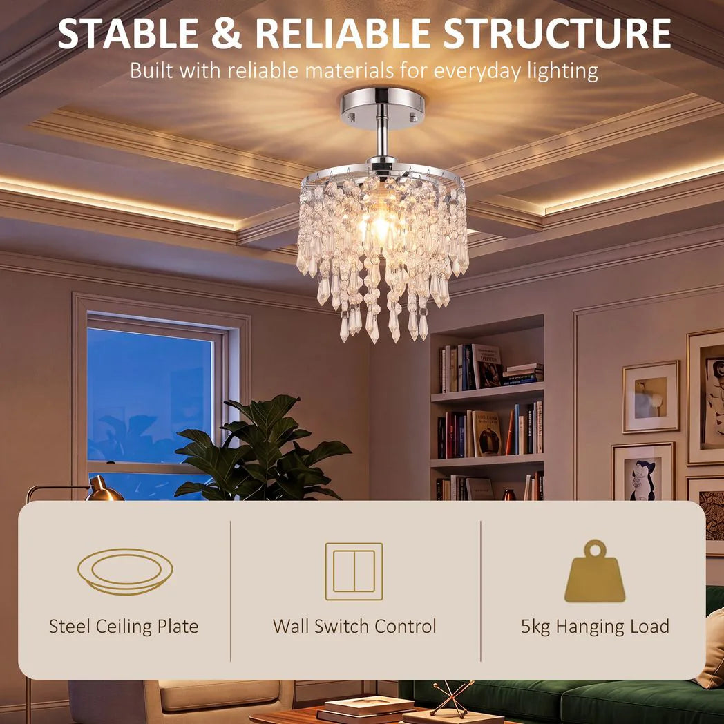 HOMCOM Crystal Ceiling Light with 57 Crystal Strands and Mounting Plate for Hallway & Bedroom – Silver Tone