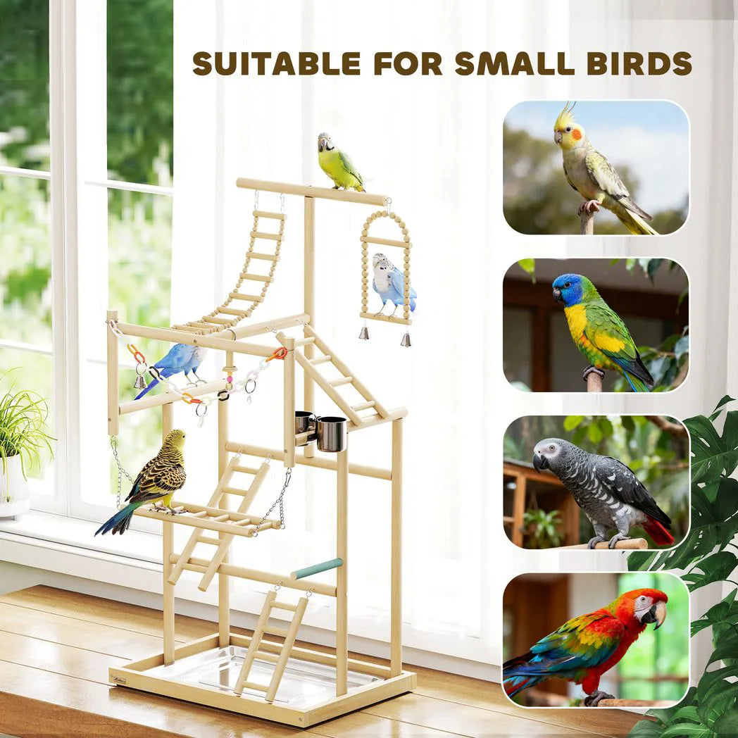 PawHut 95 cm Wooden Bird Playground with Ladders, Chain Toy and Steel Tray – Parrot Play Stand, Natural