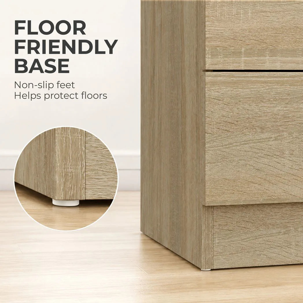 HOMCOM Three-Drawer Bedside Table with Non-Slip Feet – Simple Oak-Effect Bedroom Nightstand