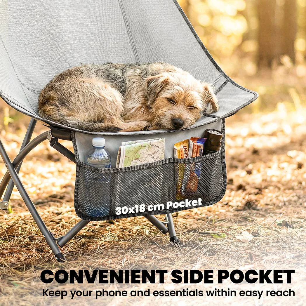 Outsunny Folding Moon Chair with Side Pocket & Carry Bag – Heavy Duty Camping Chair for Adults, Light Grey