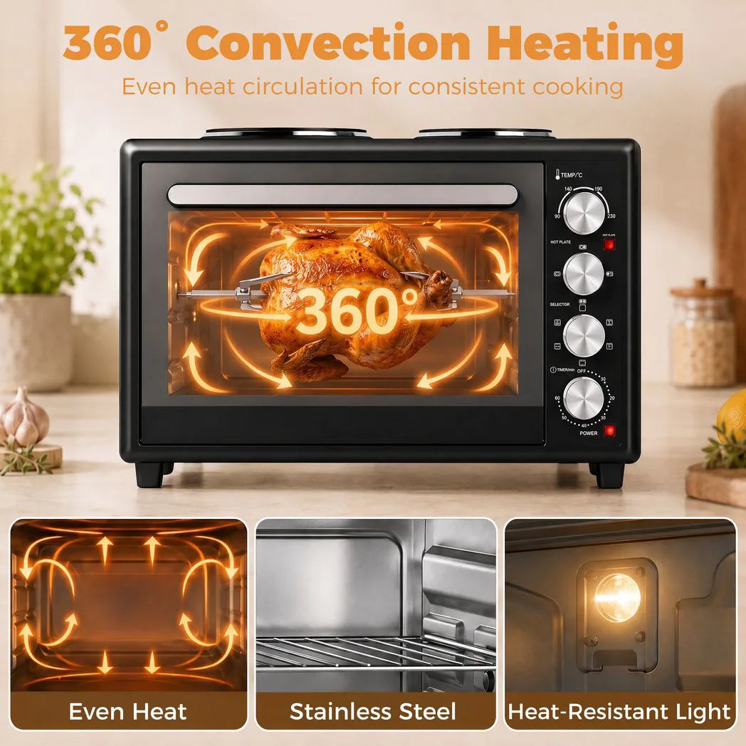 HOMCOM 36L Mini Oven with Dual Hot Plates, Convection Fan & Rotisserie – Countertop Electric Cooker, 90–230°C