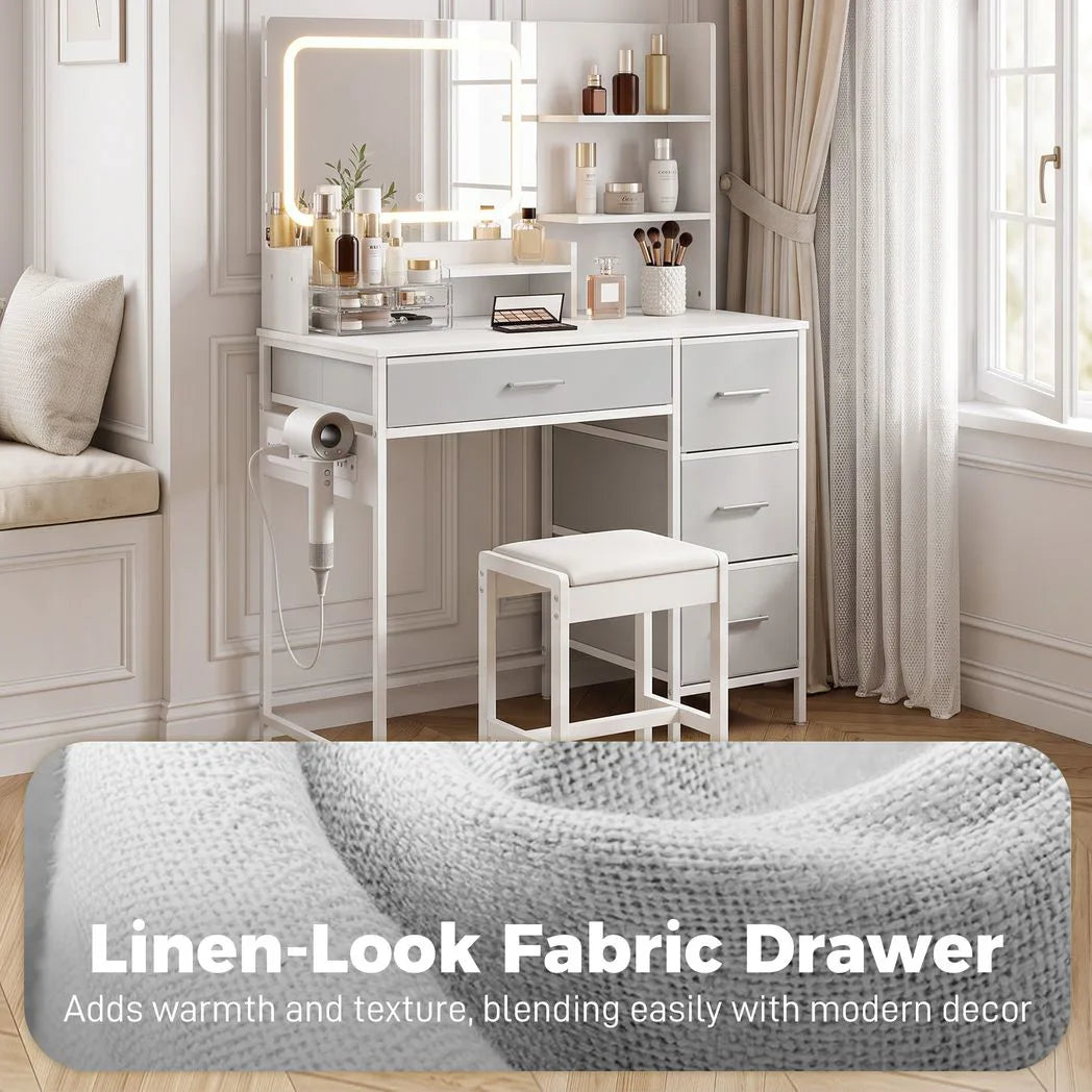 HOMCOM Dressing Table with 3-Colour LED Mirror, Power Outlets, 4 Drawers, 5 Shelves and Hair Dryer Holder