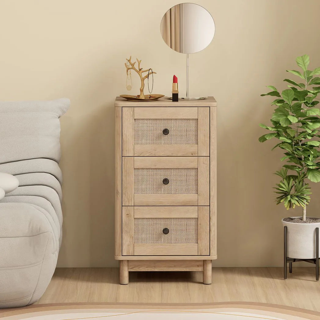 HOMCOM 3 Drawer Chest of Drawers, 40cm Bohemian Rattan Bedroom Dresser with Anti-Tip Kit – Oak