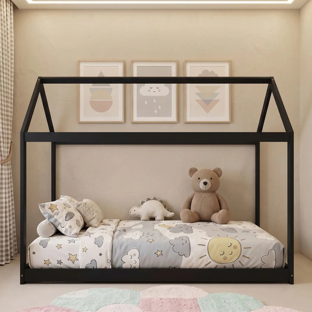 HOMCOM Single Bed Frame with House-Shaped Design – Scandinavian Solid Pine Wood for 90 x 190 cm Mattress