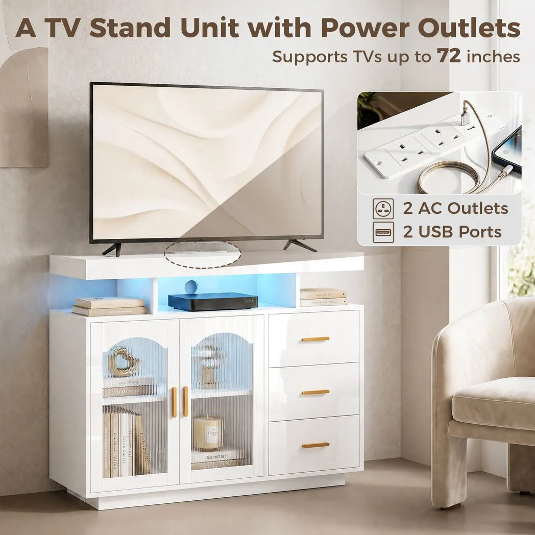 HOMCOM High Gloss Sideboard with RGB LED Lights, Power Outlets, 3 Drawers and Acrylic Doors, White