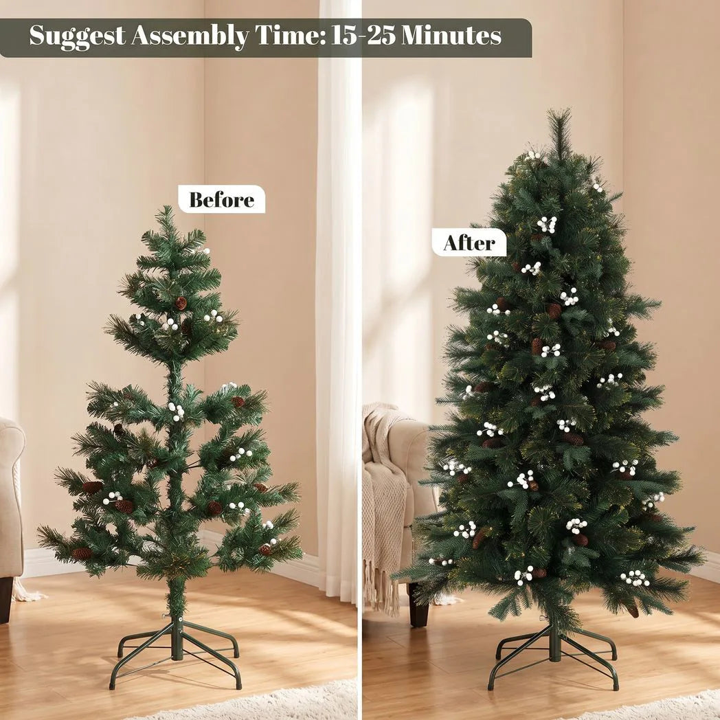 HOMCOM 5ft Pre-Decorated Artificial Christmas Tree – Hinged Fir with 490 Branch Tips, Berries and Foldable Metal Stand, Green