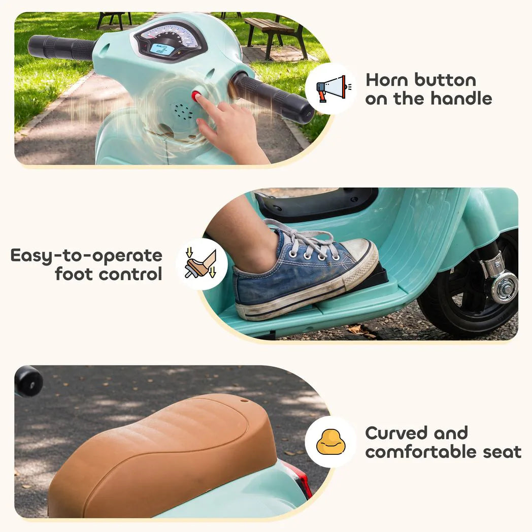 HOMCOM Vespa Licensed 6V Kids Electric Motorbike with Training Wheels and Horn – Ride-On, 18-36 Months, Green