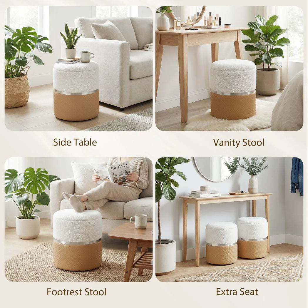 HOMCOM Set of 2 Nesting Round Storage Ottomans with Lift-Off Lids – Chenille and PU Leather, Cream and Brown