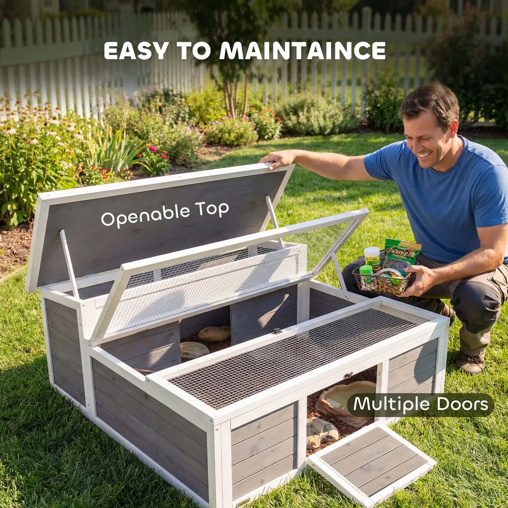 PawHut Wooden Tortoise House with Run, Observation Window and Top Opening – Outdoor Small Pet Enclosure