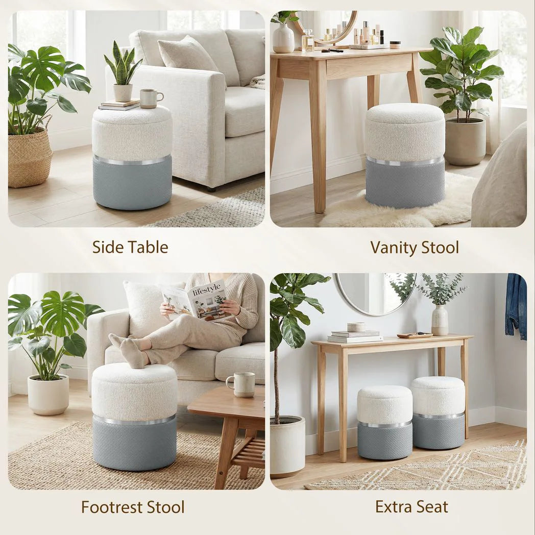 HOMCOM Nesting Round Storage Ottoman Set of 2 with Lift-Off Lids – Footstool and Vanity Stool, Cream and Grey