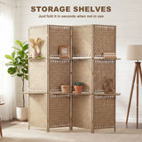 HOMCOM Wave Fibre Folding Privacy Screen with Two Shelves – Freestanding 4 Panel Room Divider, Natural Wood Finish