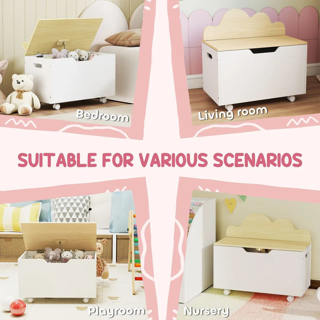 AIYAPLAY Toy Box with Lid, Wheels & Safety Hinges – White Rolling Toy Chest for Playroom & Bedroom
