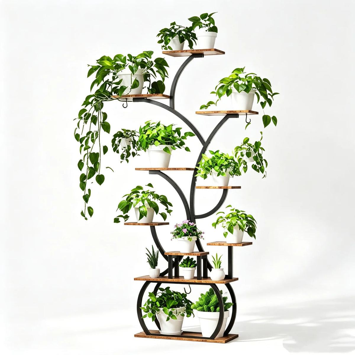 Tree-Shaped Plant Stand with 4 Grow Lights and Wheels – Black Iron & Weathered Wood Multi-Tier Rack