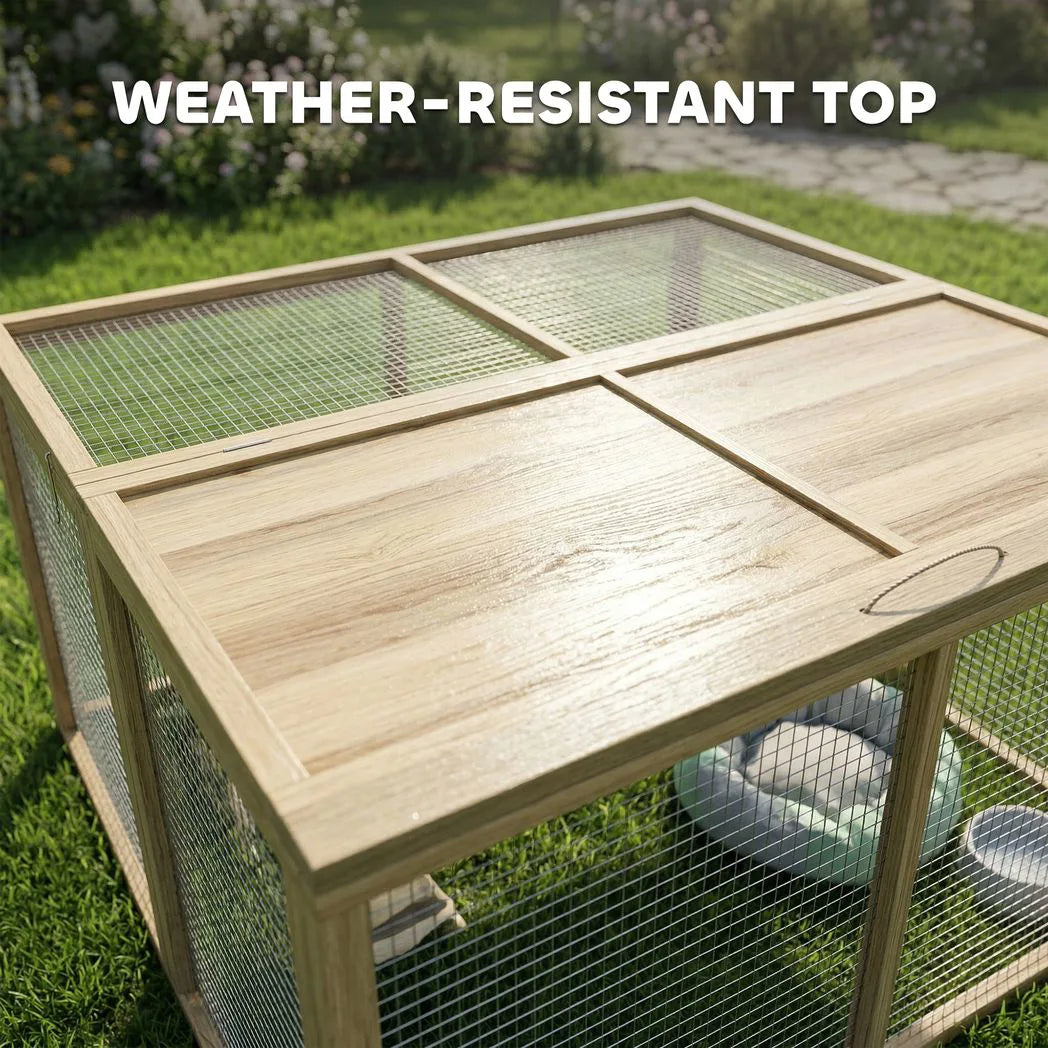 PawHut Wooden Folding Rabbit Hutch for 2–3 Rabbits with Built-In Handle – Outdoor Guinea Pig Run, Natural Wood