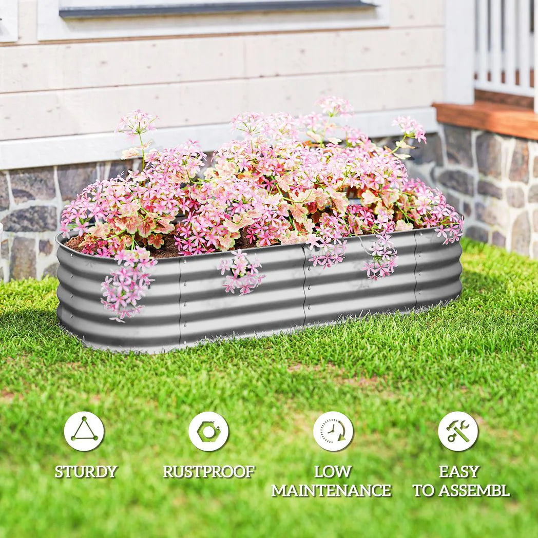 Outsunny Galvanised Steel Raised Garden Bed with Safety Edging, 150 x 62cm – Flowers and Herbs, Silver