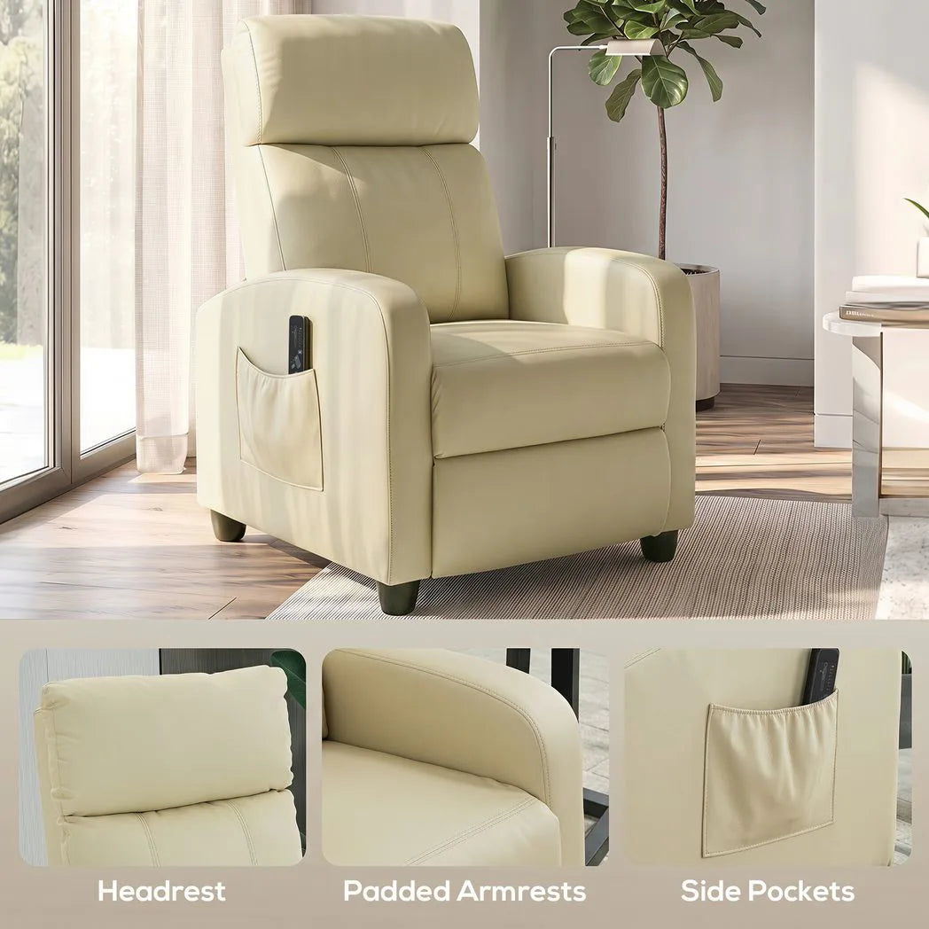 HOMCOM Massage Recliner Armchair with Push Back Reclining, Leg Rest & Side Pocket – Faux Leather, Cream