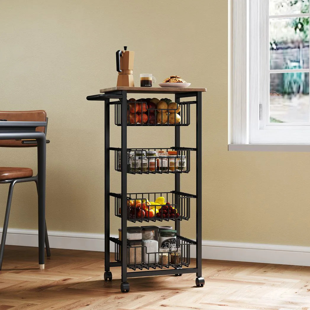 HOMCOM Four Basket Mobile Kitchen Island Trolley with Brakes – Steel Frame Storage Cart, Oak/Black