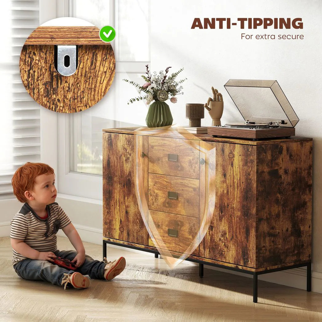 HOMCOM Modern Rustic Sideboard with 2 Cupboards and 3 Drawers – Kitchen Storage Cabinet with Metal Legs, Brown