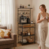 HOMCOM Freestanding Industrial Shelving Unit with 6 Hooks and Wine Rack – Living Room, Home Office Storage, Black