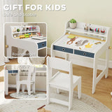 AIYAPLAY Kids Art Table and Chair Set with Storage Shelf, Drawers and Paper Roll Holder – Children's Desk, White