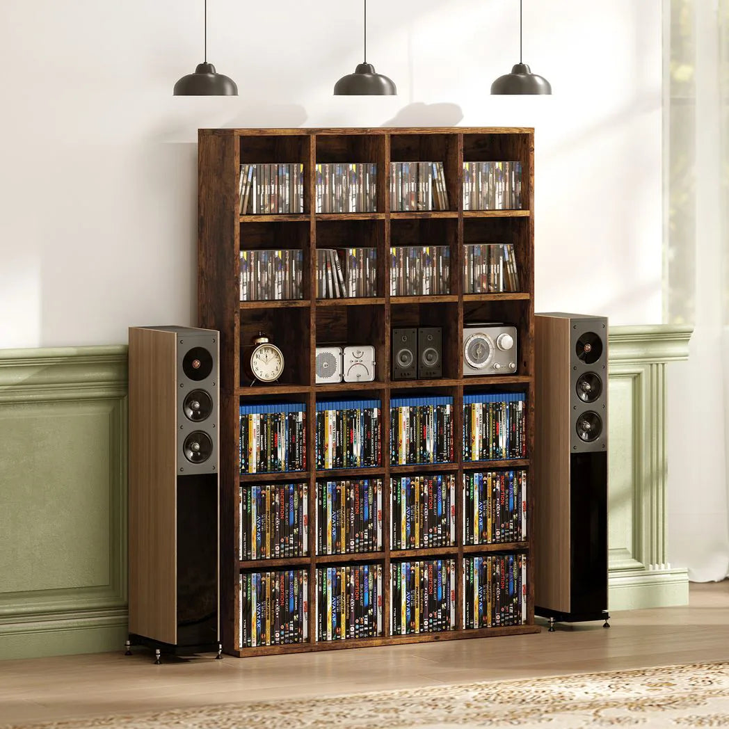 HOMCOM CD Storage Unit with 3-Level Adjustable Shelves – Slim Media Tower for CDs and DVDs, Rustic Brown